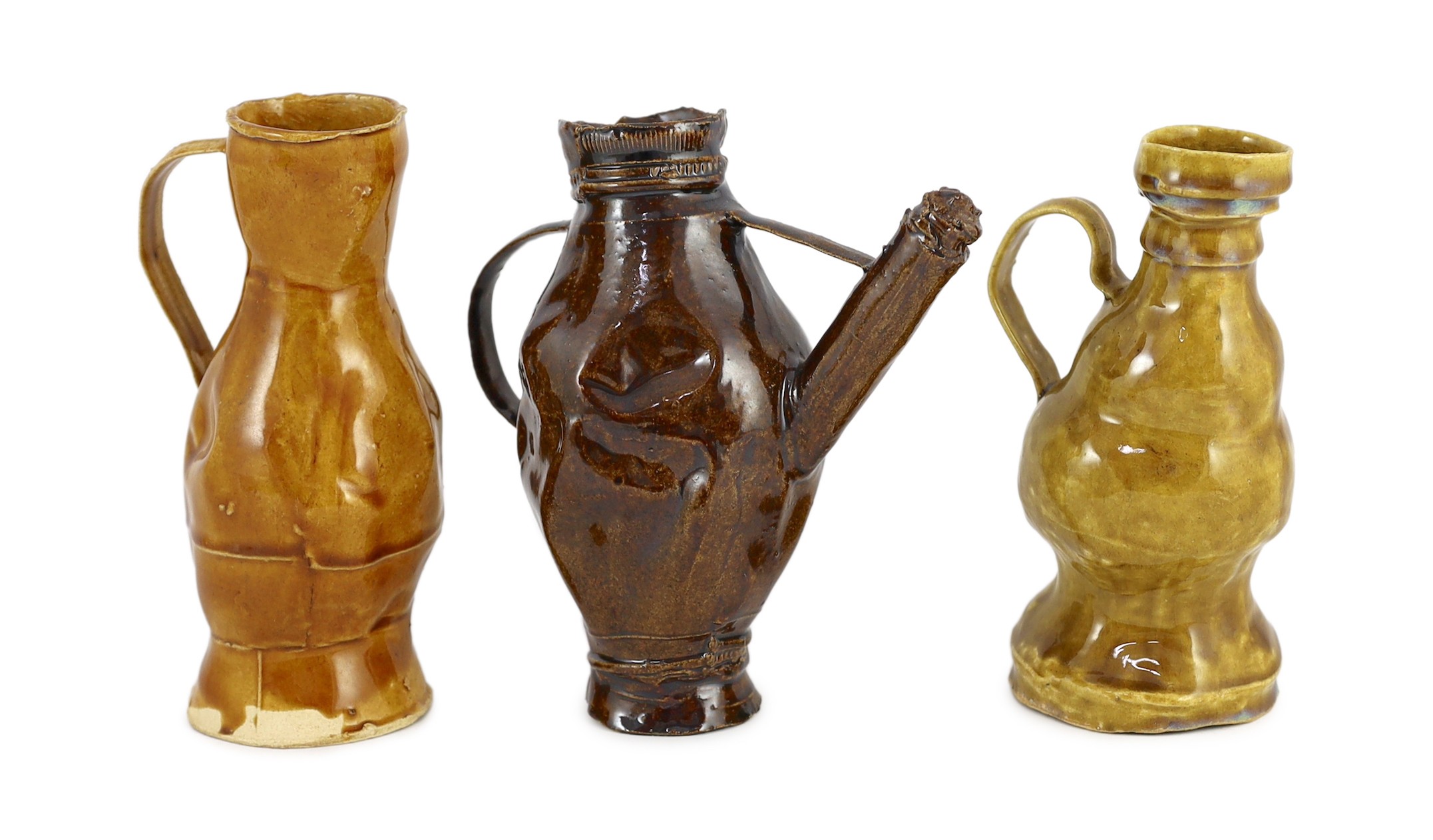 Philip Egin (b.1959), a series of three crumpled monochrome glazed pottery jugs, c.2020, 16.7cm - 17.5cm
